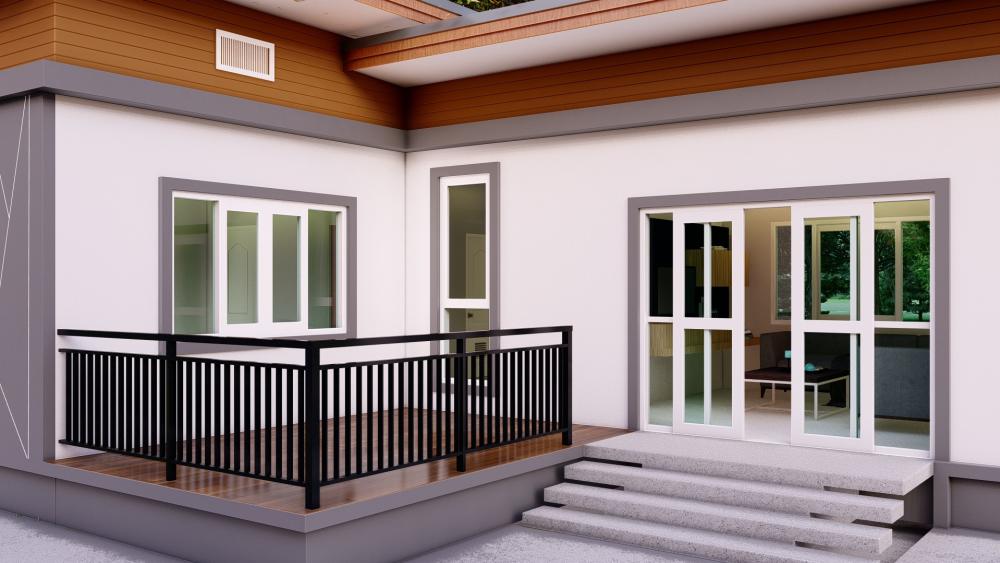 ผลงานออกแบบบ้านพักอาศัย 1 ชั้น โมเดิร์น ตัวแอล งบประมาณก่อสร้างเริ่มที่ 550,000 บาท