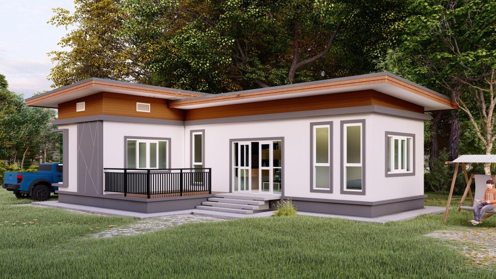 ผลงานออกแบบบ้านพักอาศัย 1 ชั้น โมเดิร์น ตัวแอล งบประมาณก่อสร้างเริ่มที่ 550,000 บาท