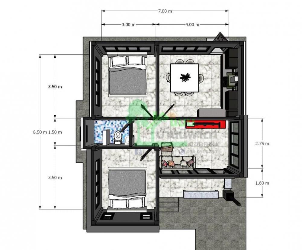 แบบบ้านโมเดิร์น 2 ห้องนอน1ห้องน้ำ 1ห้องโถง 60 ตร.ม.  งบก่อสร้าง 5.8 แสนบาท