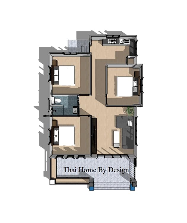 แบบบ้านโมเดิร์น ขนาด 104 ตร.ม. 3 ห้องนอน 1 ห้องน้ำ 1 ห้องโถง และ 1 ห้องครัว