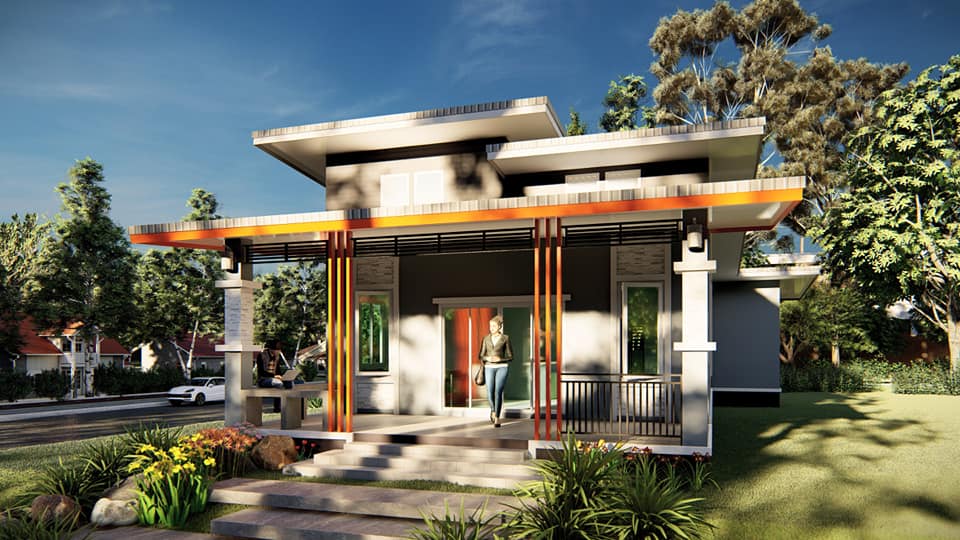 แบบบ้านโมเดิร์น 2 ห้องนอน 1 ห้องน้ำ 1 ห้องครัว 1 ห้องโถง