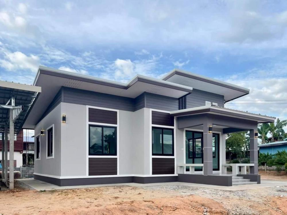 แบบบ้านโมเดิร์นชั้นเดียว 3 ห้องนอน 1 ห้องน้ำ 1 โถงรับแขก 1 พร้อมเฉลียงหน้าบ้าน