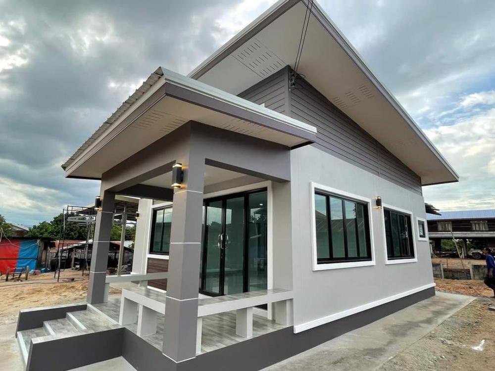 แบบบ้านโมเดิร์นชั้นเดียว 3 ห้องนอน 1 ห้องน้ำ 1 โถงรับแขก 1 พร้อมเฉลียงหน้าบ้าน