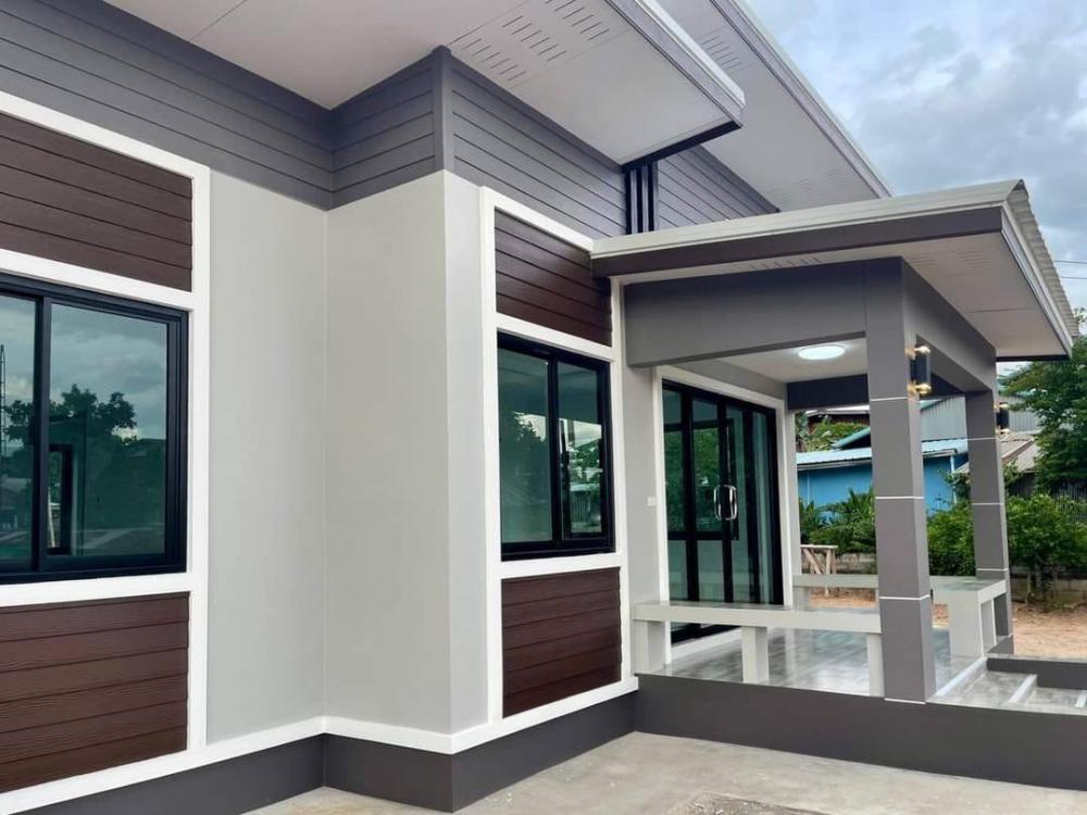 แบบบ้านโมเดิร์นชั้นเดียว 3 ห้องนอน 1 ห้องน้ำ 1 โถงรับแขก 1 พร้อมเฉลียงหน้าบ้าน