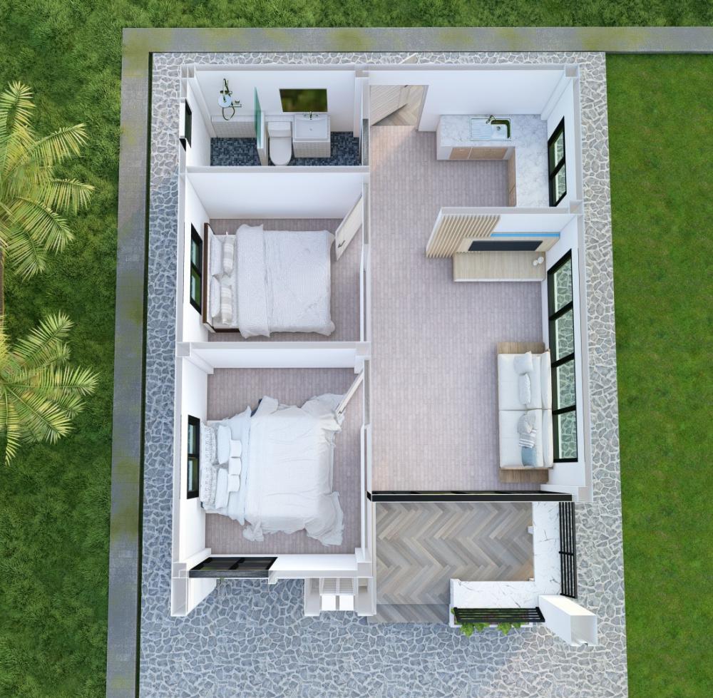 บ้านมินิมอลมูจิ 2 ห้องนอน 1 ห้องน้ำ พื้นที่ 42 ตร.ม. (แบบบ้านกับสร้างจริง)