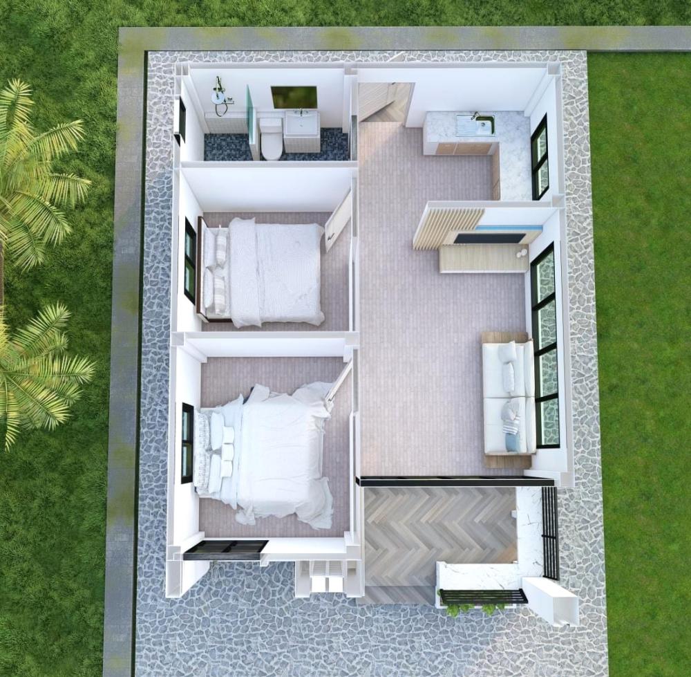 แบบบ้านมินิมอลมูจิ 2 ห้องนอน 1 ห้องน้ำ พื้นที่ 42 ตร.ม. หลังเล็กๆกะทัดรัด